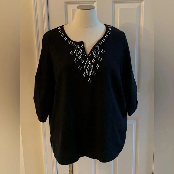 Susan Graver Blouse Plus 1X Beaded Neck Embellished Pullover Shirt Flowy Gauze - Picture 1 of 8